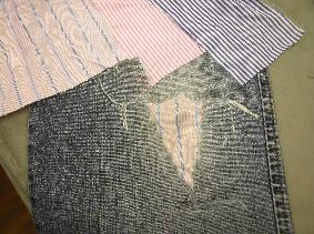Cotton shirt material used inside fused and stitched to repair the knee area on Dolce & Gabbana jeans